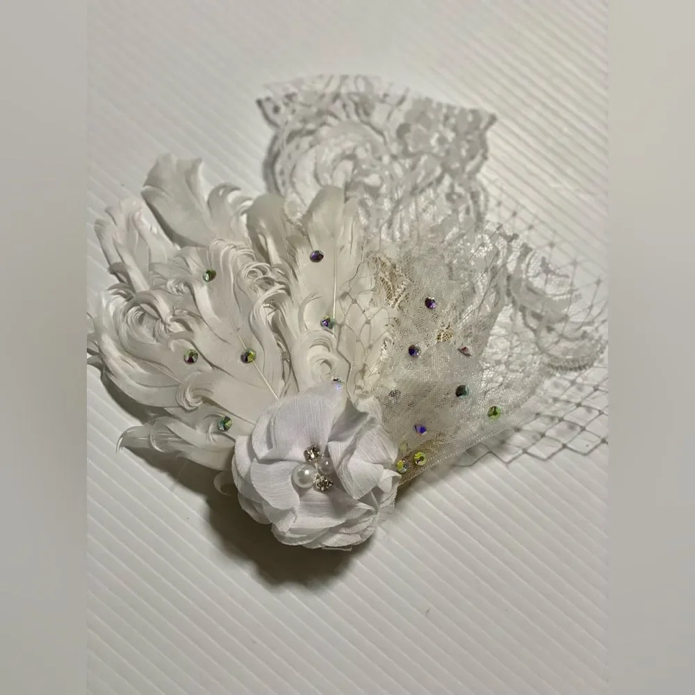 Birdcage veil lace feather fascinator hair accessory Bridal dance formal flapper